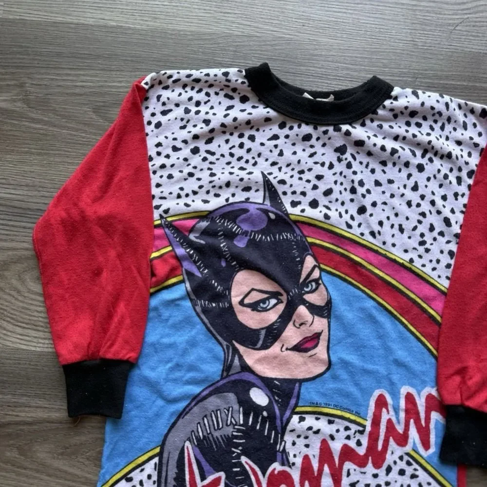 Vintage 90s Catwoman Pajama Dress Shirt Youth Girls Size Small AOP DC Comics USA